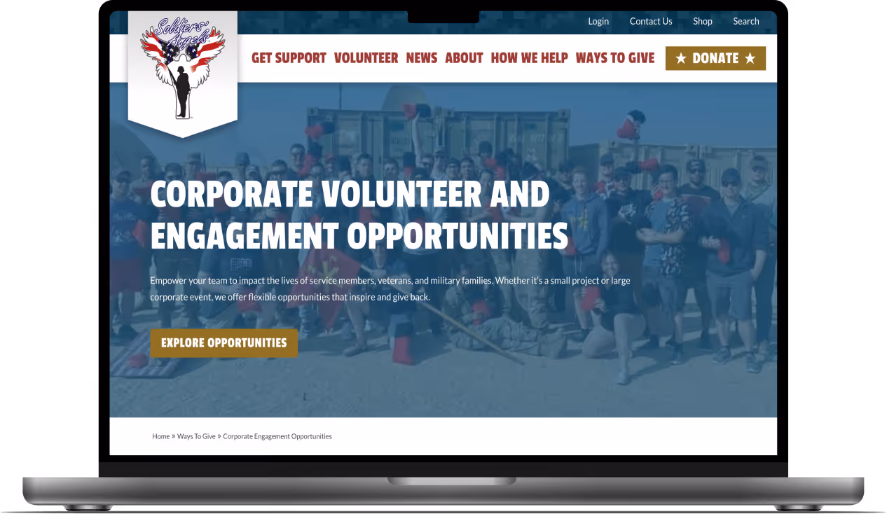 Mockup of the Corporate Engagement Opportunities hero section for Soldiers' Angels.