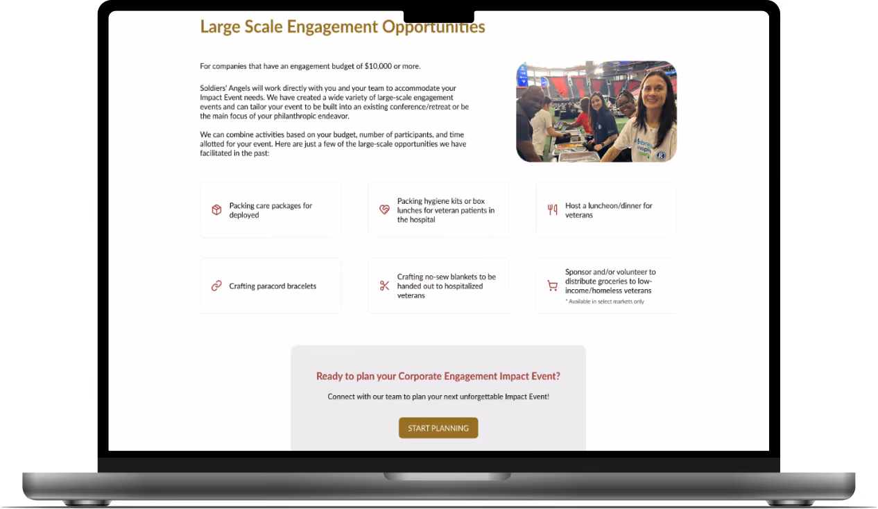 Mockup of the Large Scale Engagement Opportunities section for Soldiers' Angels.
