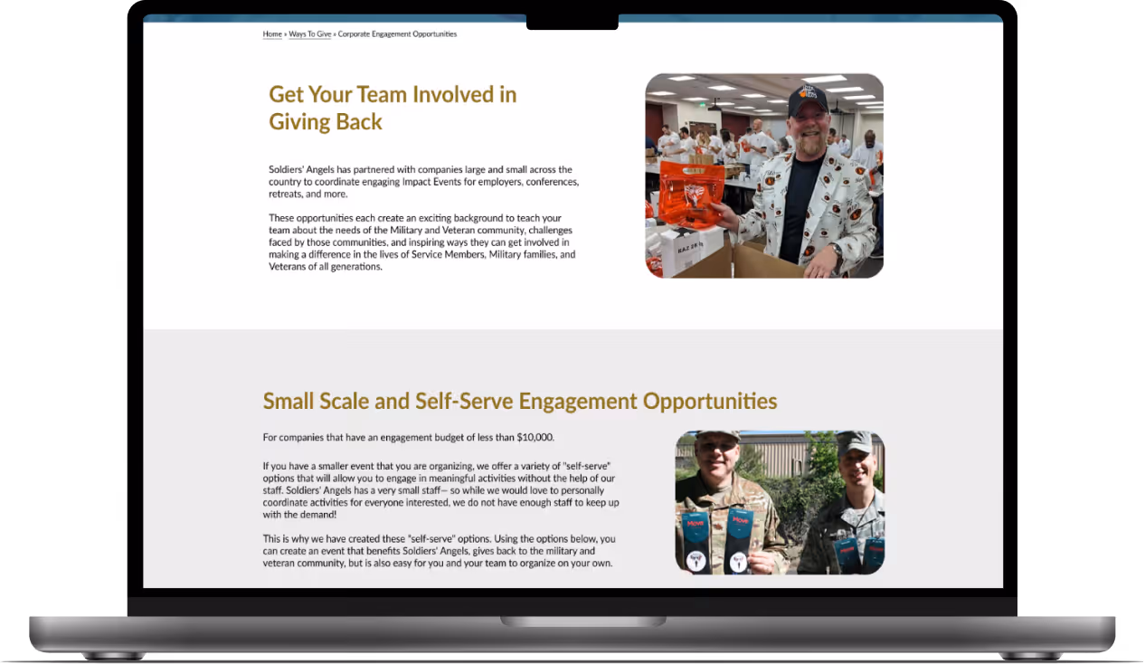 Mockup of the first section on the Corporate Engagement page outlining ways for teams to give back.
