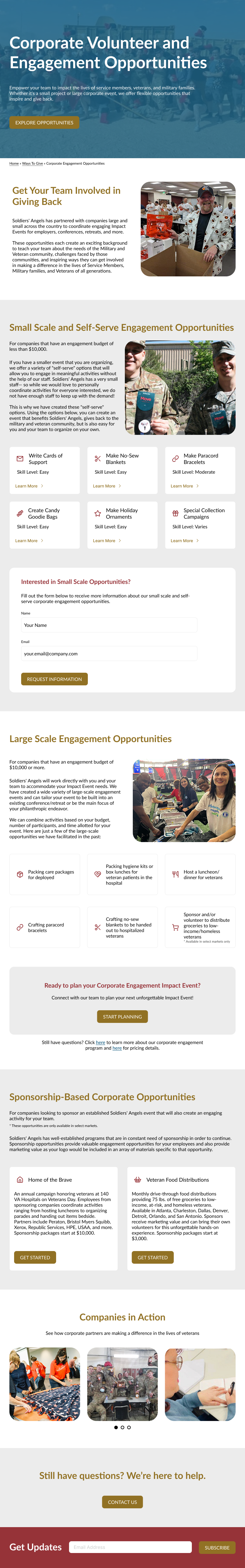 Tablet mockup of the corporate engagement page featuring 7 sections, including small-scale, large-scale, and sponsorship-based activities.