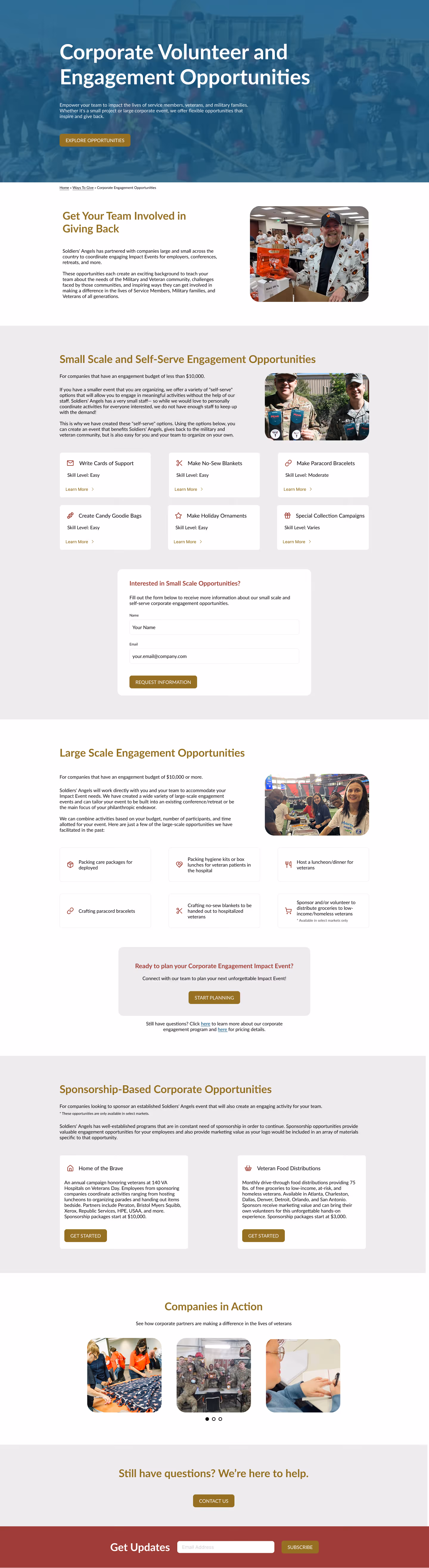 Desktop mockup of the corporate engagement page featuring 7 sections, including small-scale, large-scale, and sponsorship-based activities.
