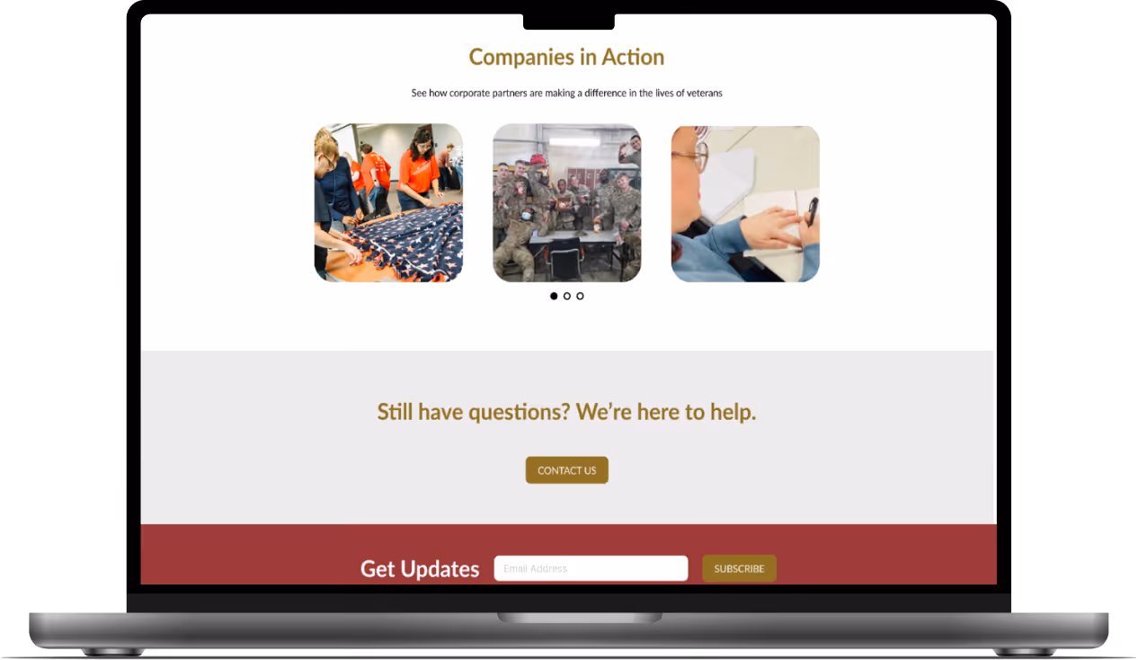 Mockup with various companies participating in giving back at a Soldiers' Angels event.