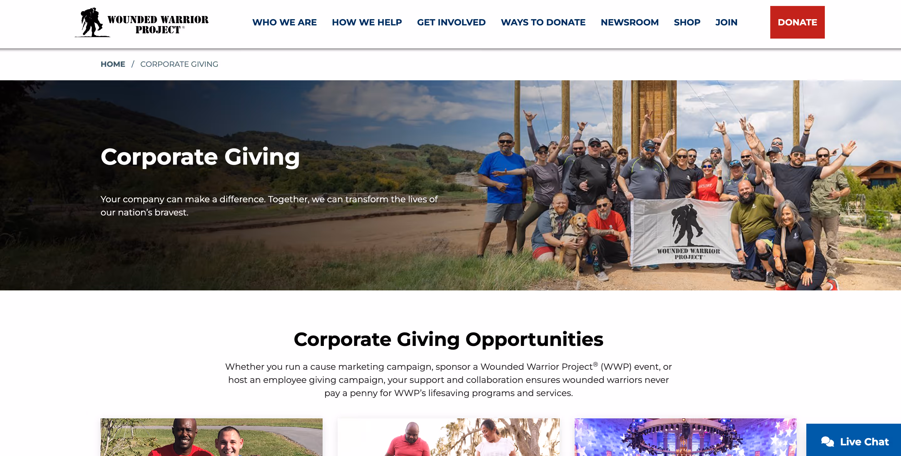 Wounded Warrior Project website featuring the corporate giving hero section.