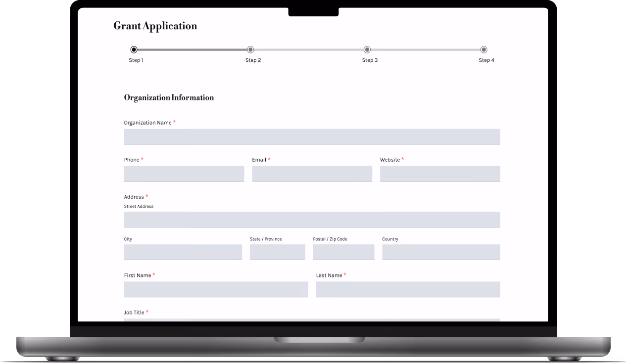 Mockup of the first step to apply for a grant at the Colonel Renee Rubin Private Foundation.