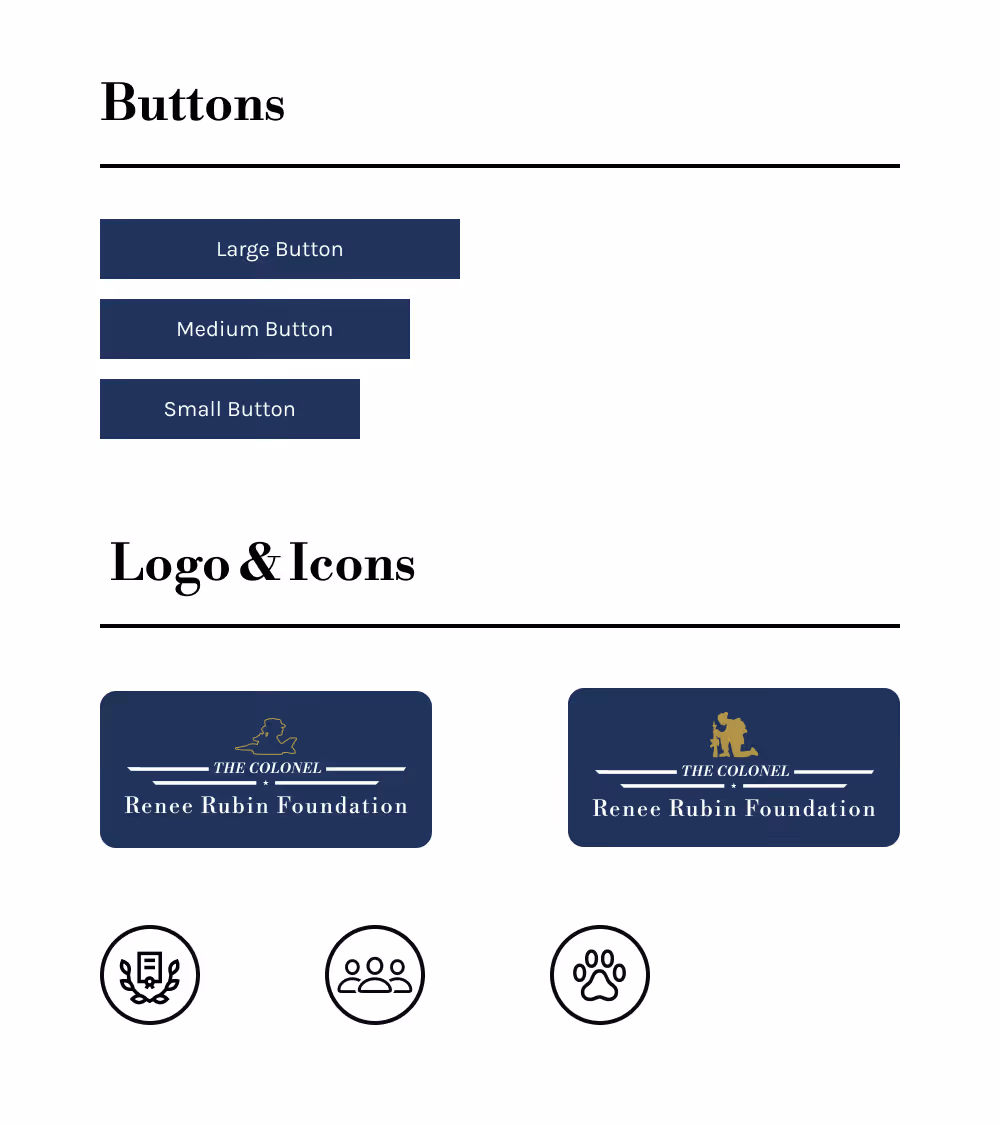 Buttons, icons, and logo for the Colonel Renee Rubin Private Foundation.