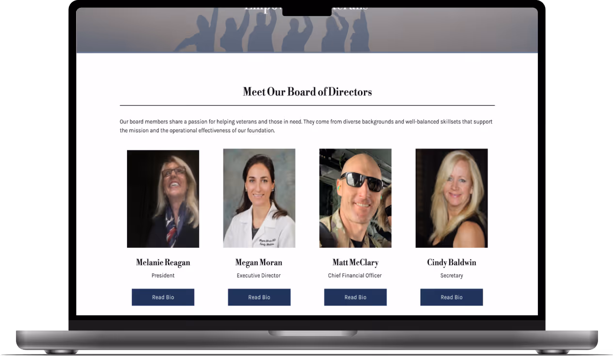 Mockup of the Meet Our Board of Directors section, which includes four CRRPF board members.