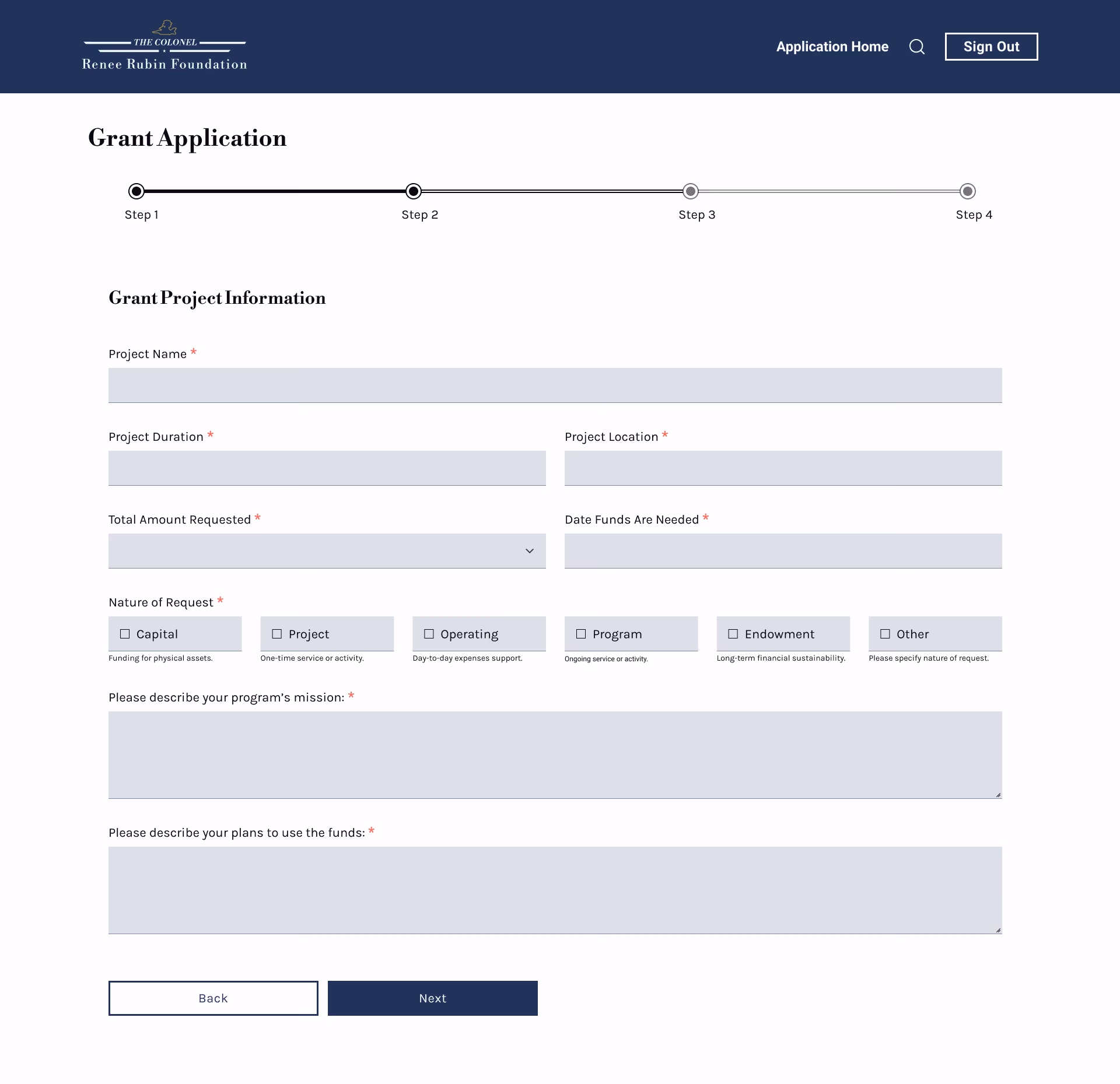 Mockup of the grant application step one, after the first round of user testing.