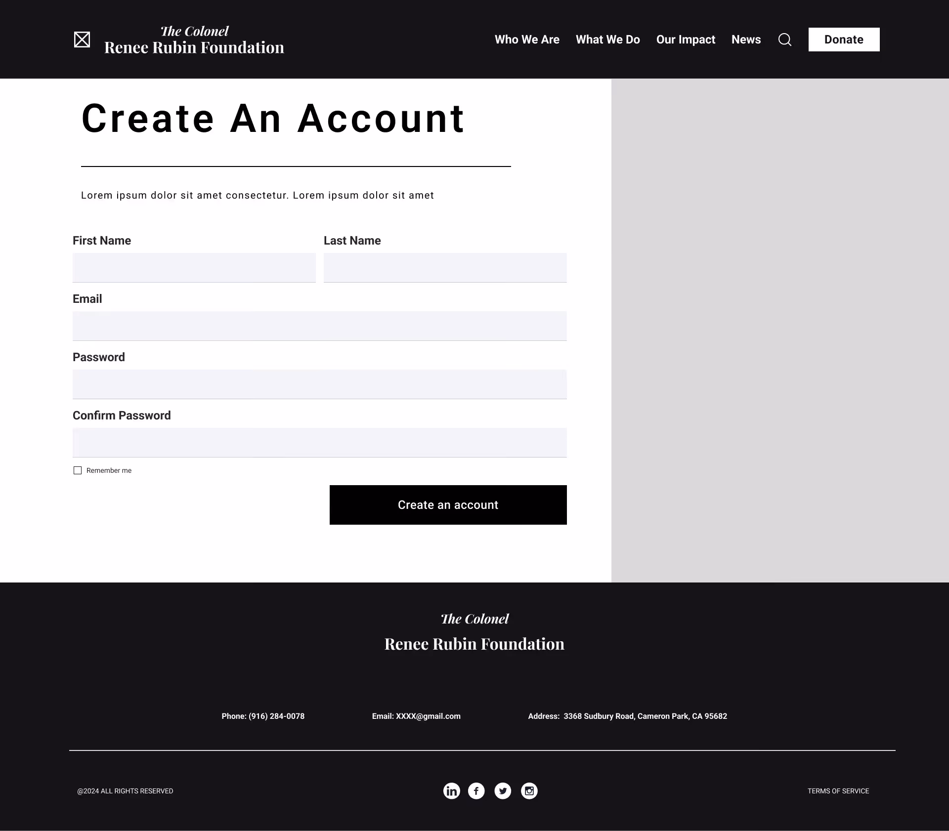 Wireframe of create an account page for the grant application.
