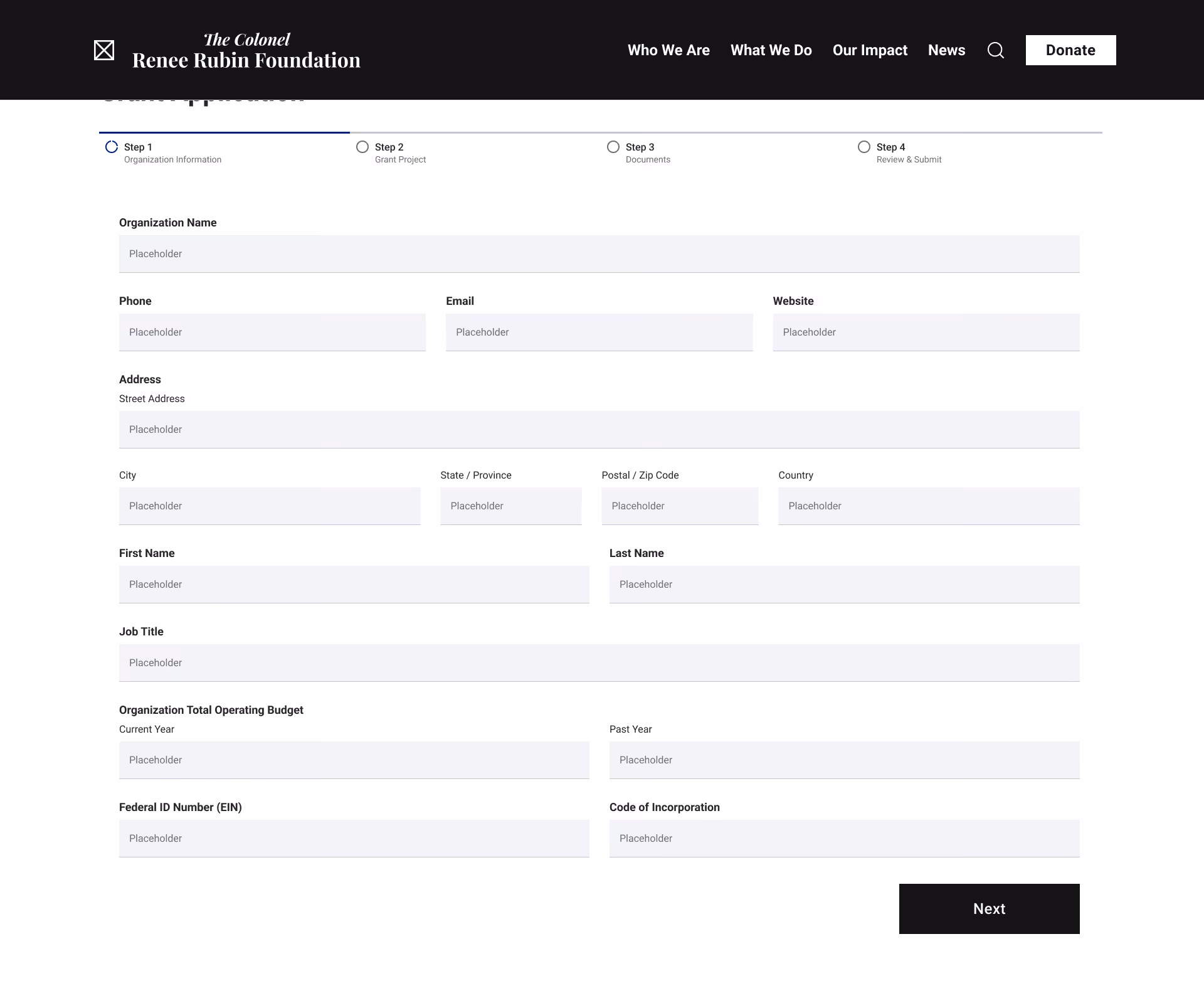 Wireframe of the first step of the grant application.