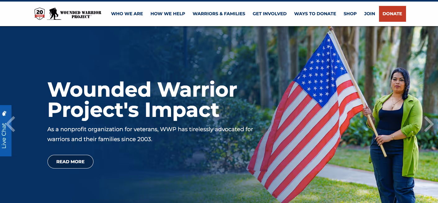 Wounded Warrior Project website homepage hero section.