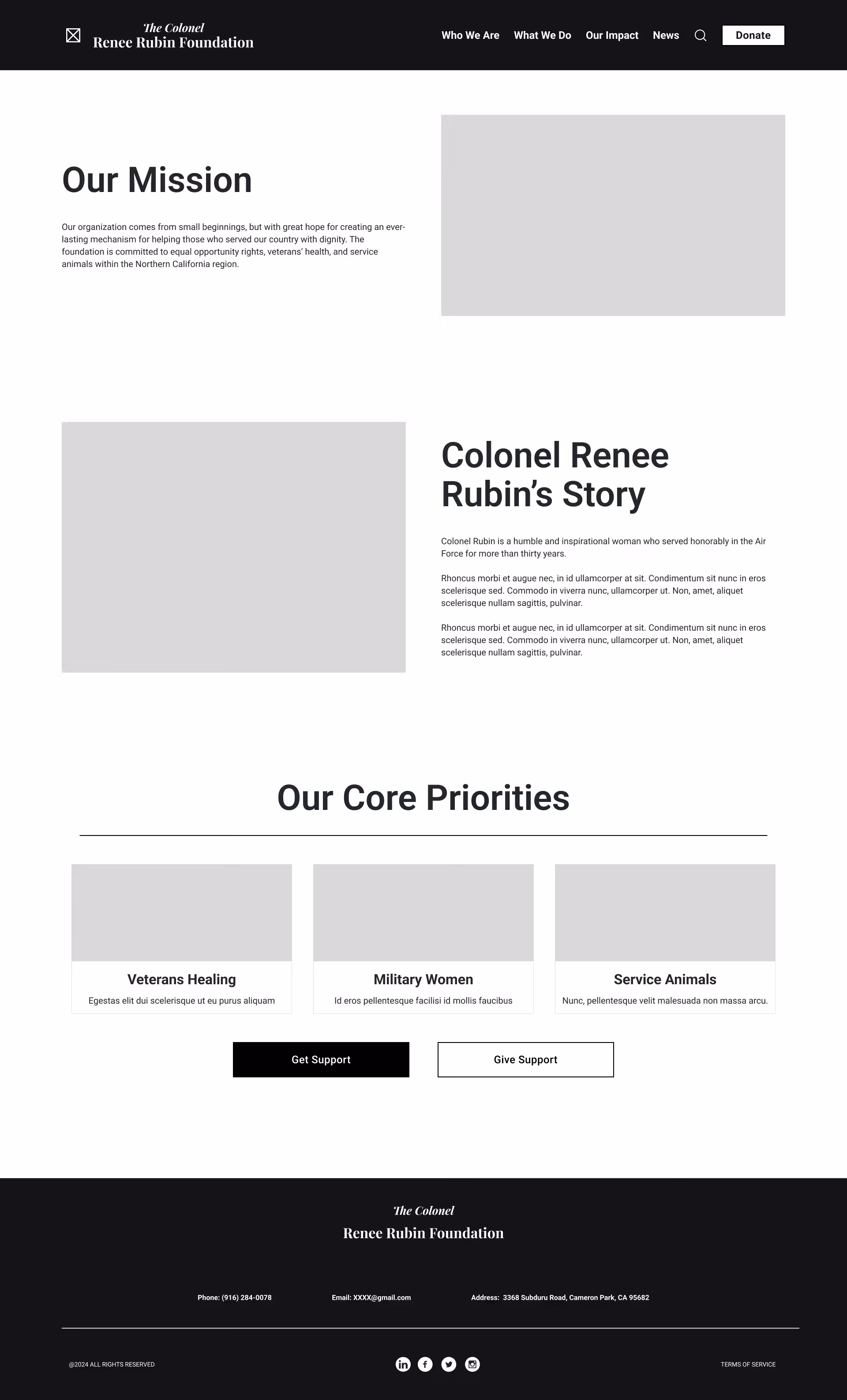 Wireframe of the Who We Are page, including the mission and Colonel Renee Rubin's Story.