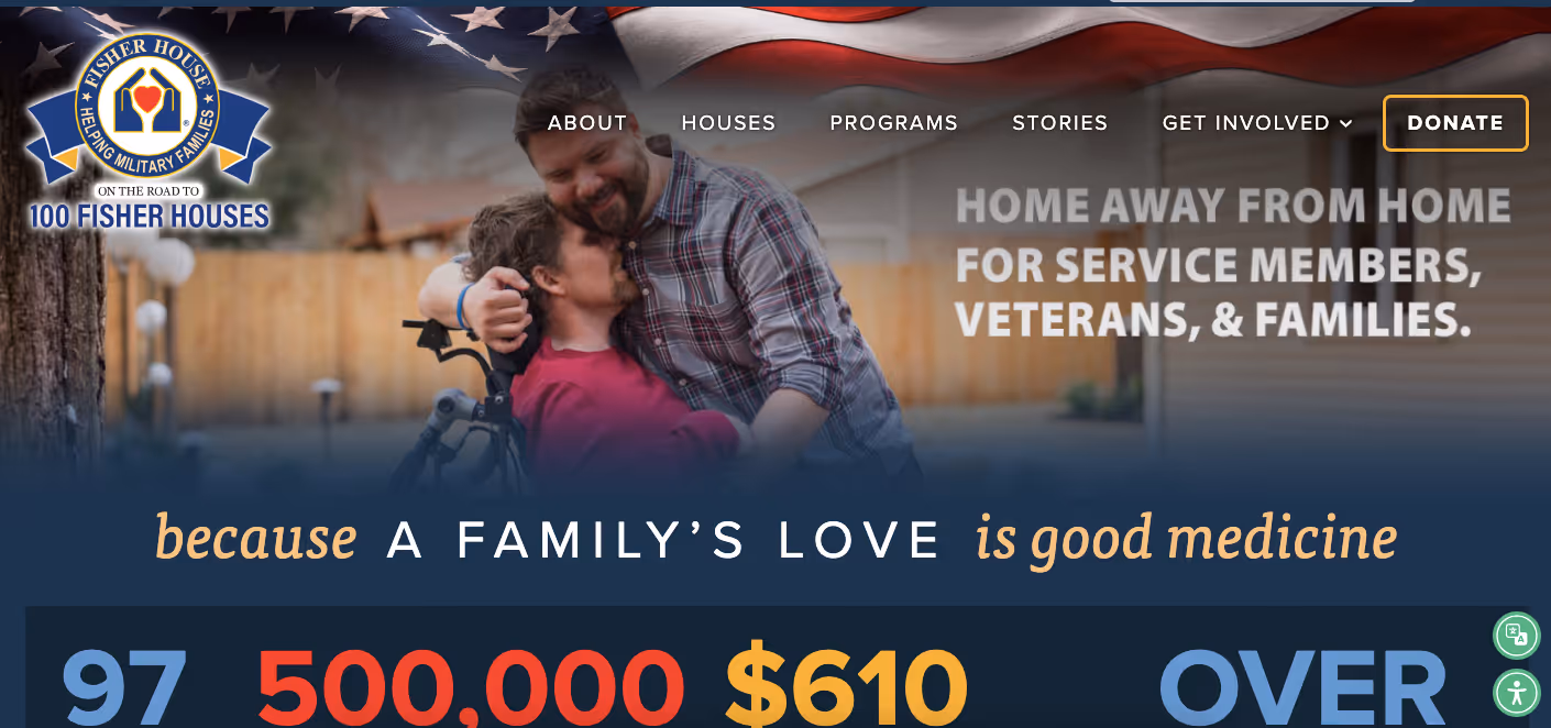 The Fisher House website home page hero section.