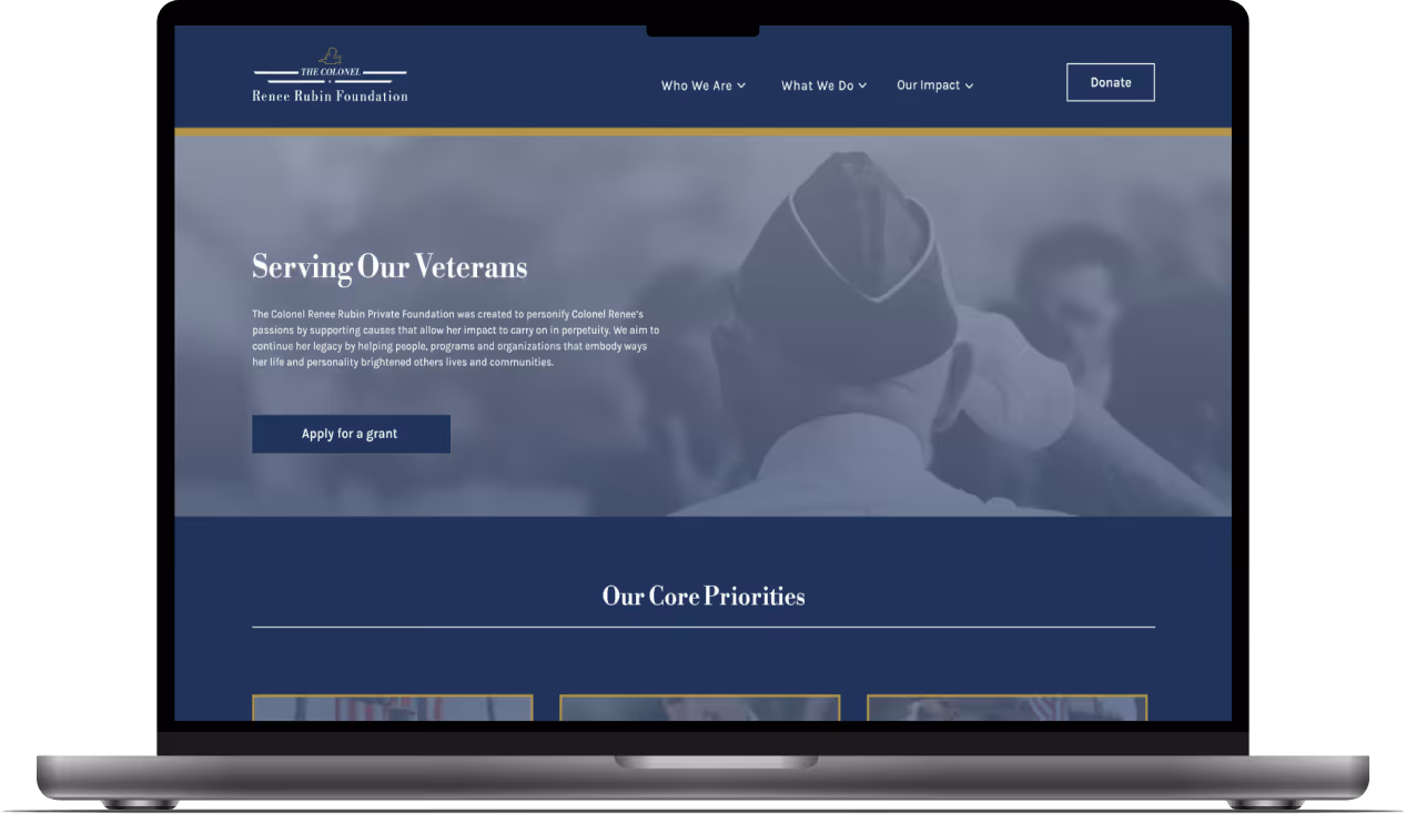 Mockup of the home page hero section for the Colonel Renee Rubin Private Foundation.