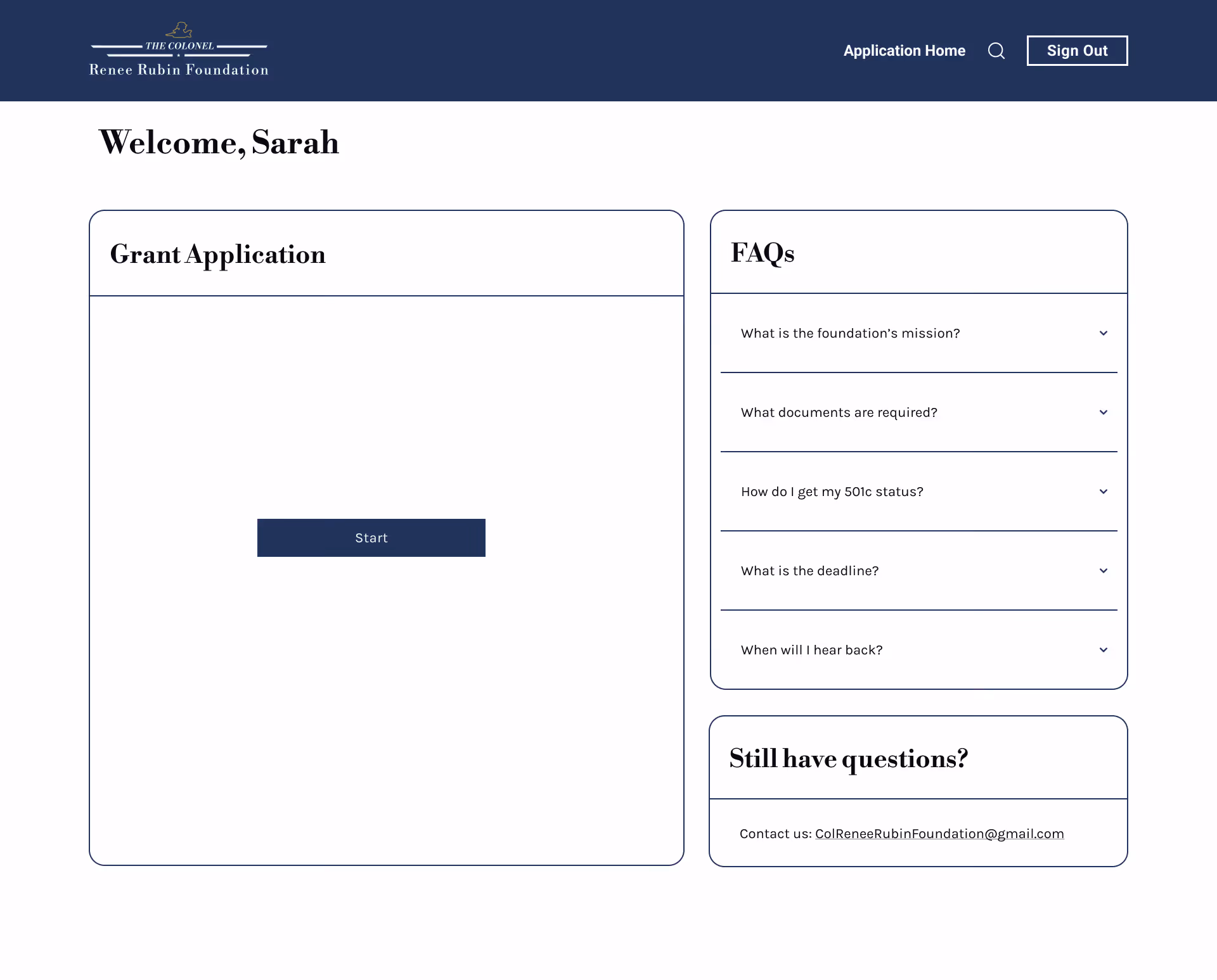 Mockup of the grant application portal, featuring a status update and FAQ section.
