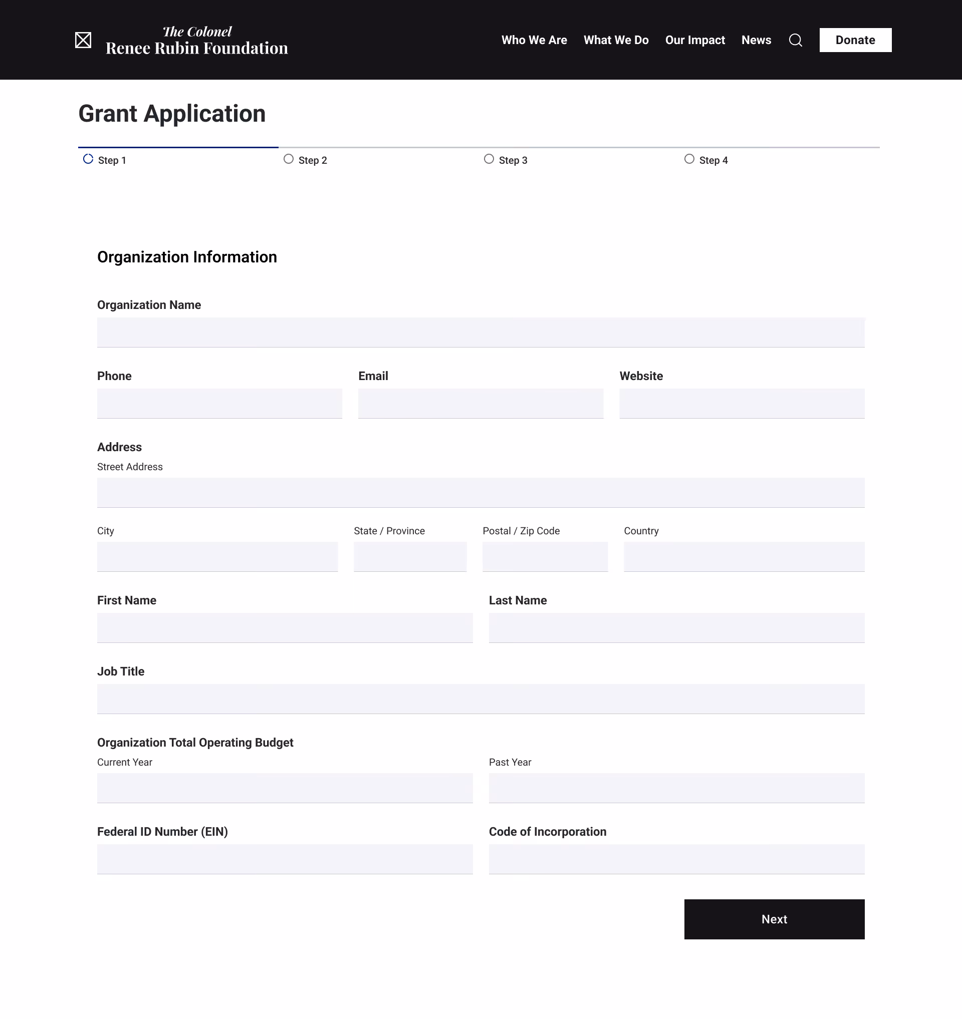 Wireframe of the first step for the grant application.