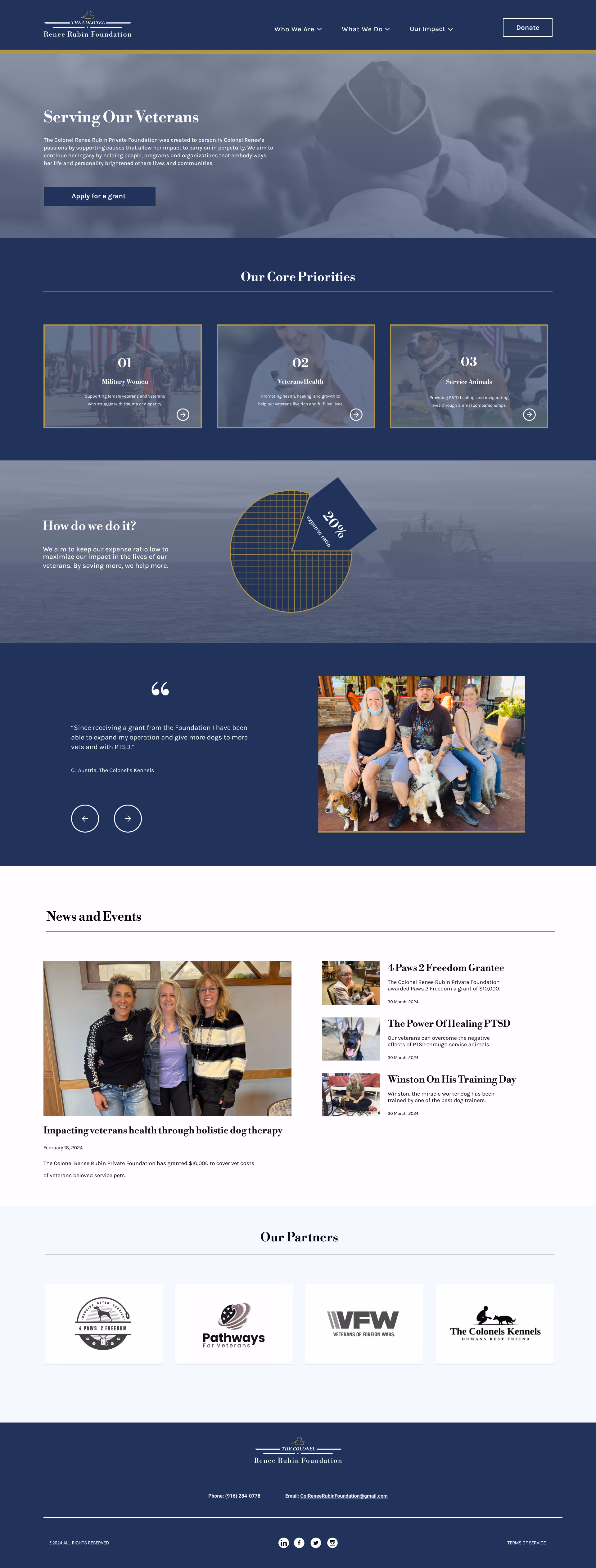 Mockup of the homepage featuring 6 sections, including a quote from a grant application recipient.