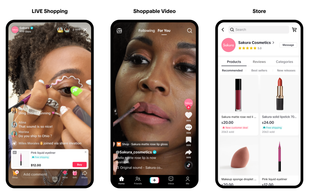 screenshot of TikTok's LIVE shopping, shoppable video, and store