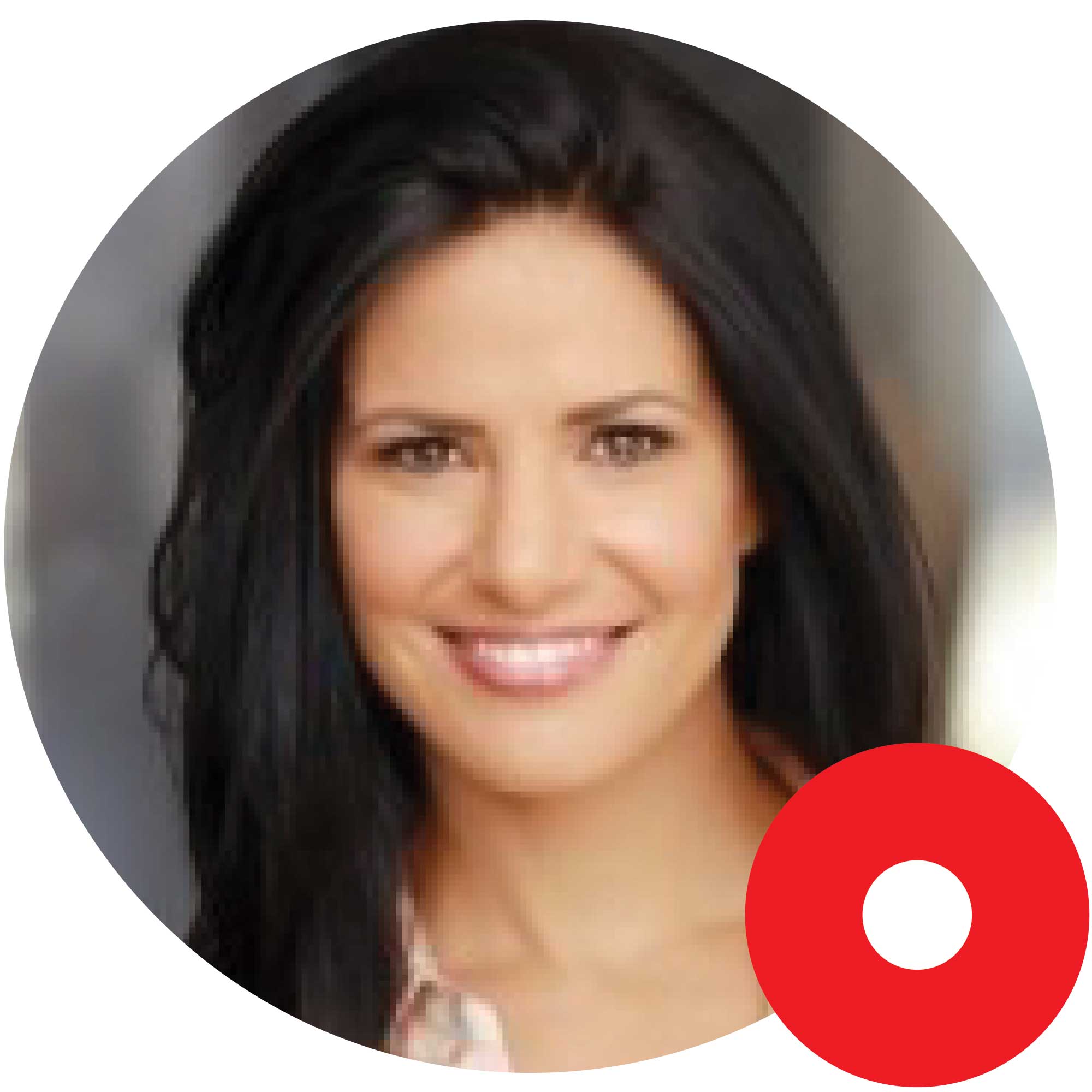 Smiling woman with long dark hair in a circular frame with a red recording icon.