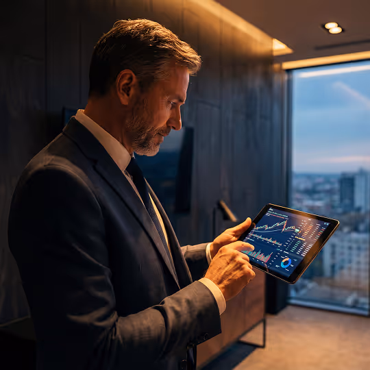 Homem de negócios usando tablet para analisar gráficos financeiros em um escritório moderno ao entardecer.
