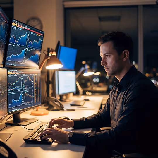 Homem trabalhando em um computador com vários gráficos financeiros exibidos em telas no escritório à noite.