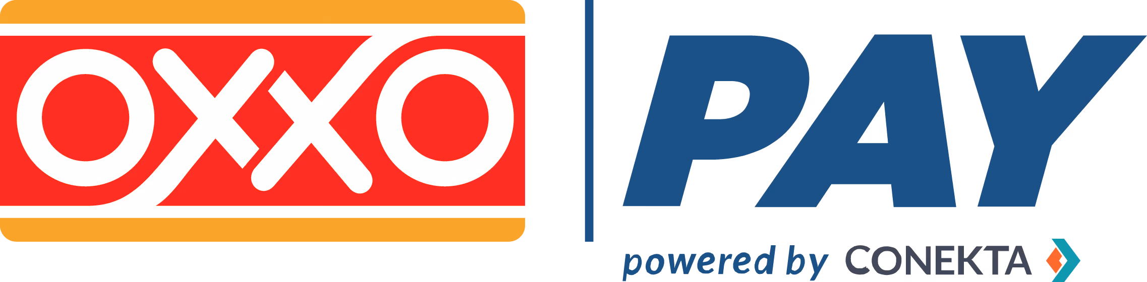 Logo OXXO em vermelho e amarelo ao lado do texto azul PAY com a frase powered by CONEKTA.