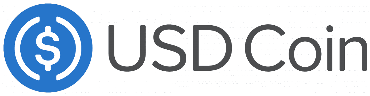 Logotipo da USD Coin com símbolo de cifrão dentro de um círculo azul seguido do texto 'USD Coin'.