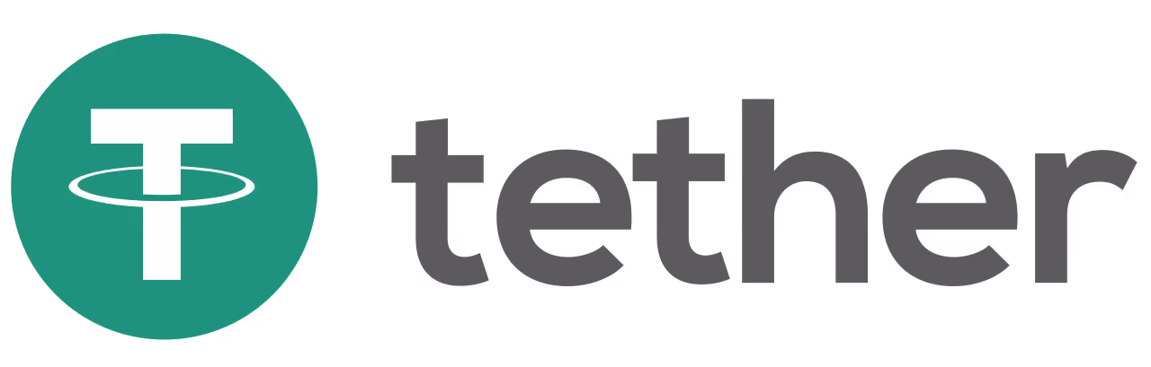 Logotipo da Tether com a letra T branca dentro de um círculo verde e o texto 'tether' em preto ao lado.