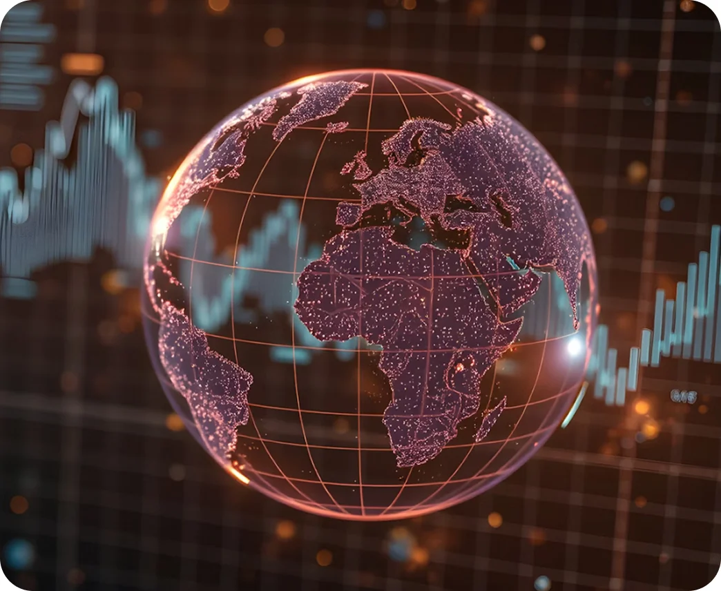 Digital glowing globe showing Europe, Africa, and parts of Asia with data graph lines in the background.
