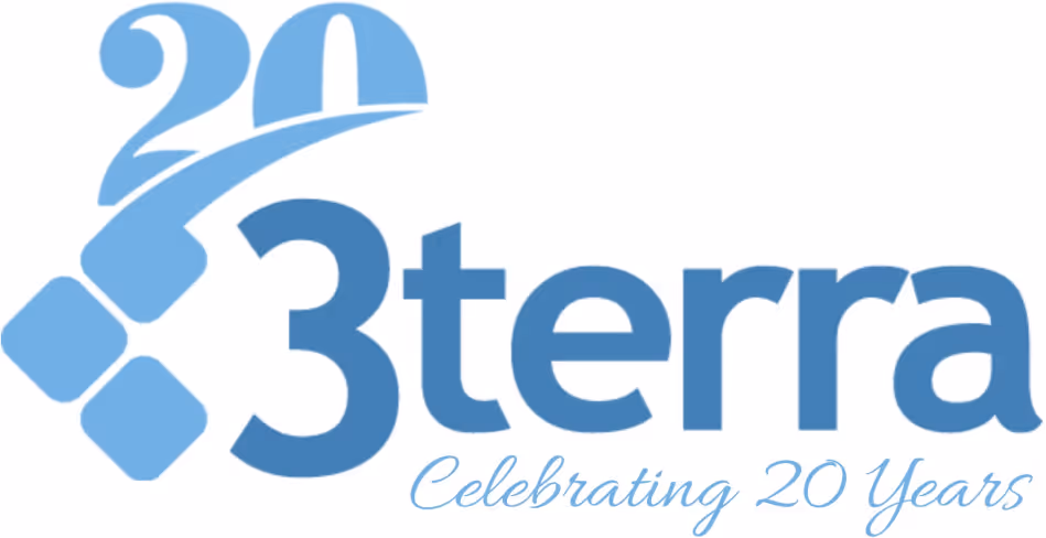 3terra logo with a stylized design incorporating the number 20 and the text Celebrating 20 Years.
