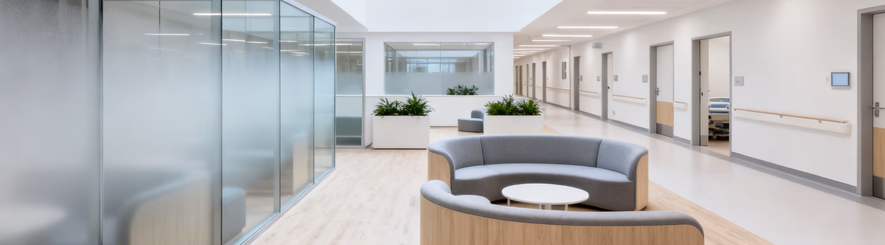 Modern hospital corridor with gray curved seating areas, glass partitions, plants, and patient rooms.