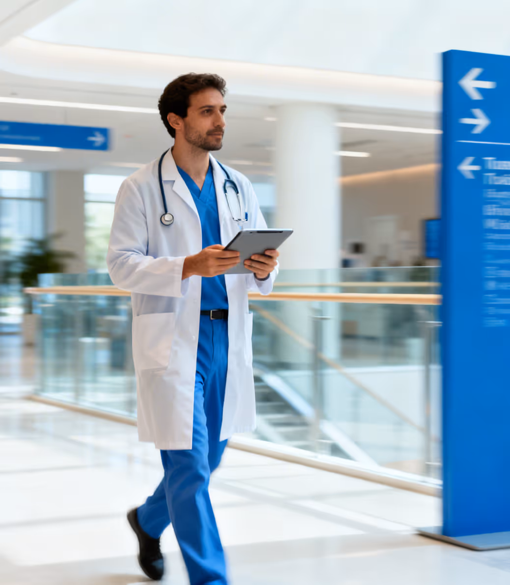 Male doctor in blue scrubs and white coat walking in a hospital corridor holding a tablet.