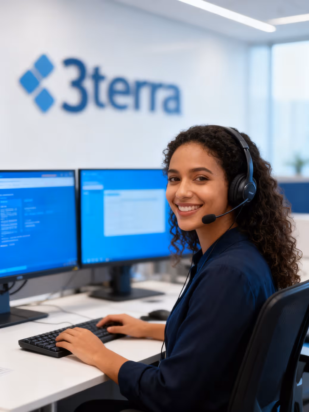 Smiling customer service representative wearing a headset working at a desk with two monitors in an office.