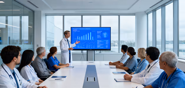 Doctor presenting medical data and charts on a large screen to a group of healthcare professionals in a bright conference room.