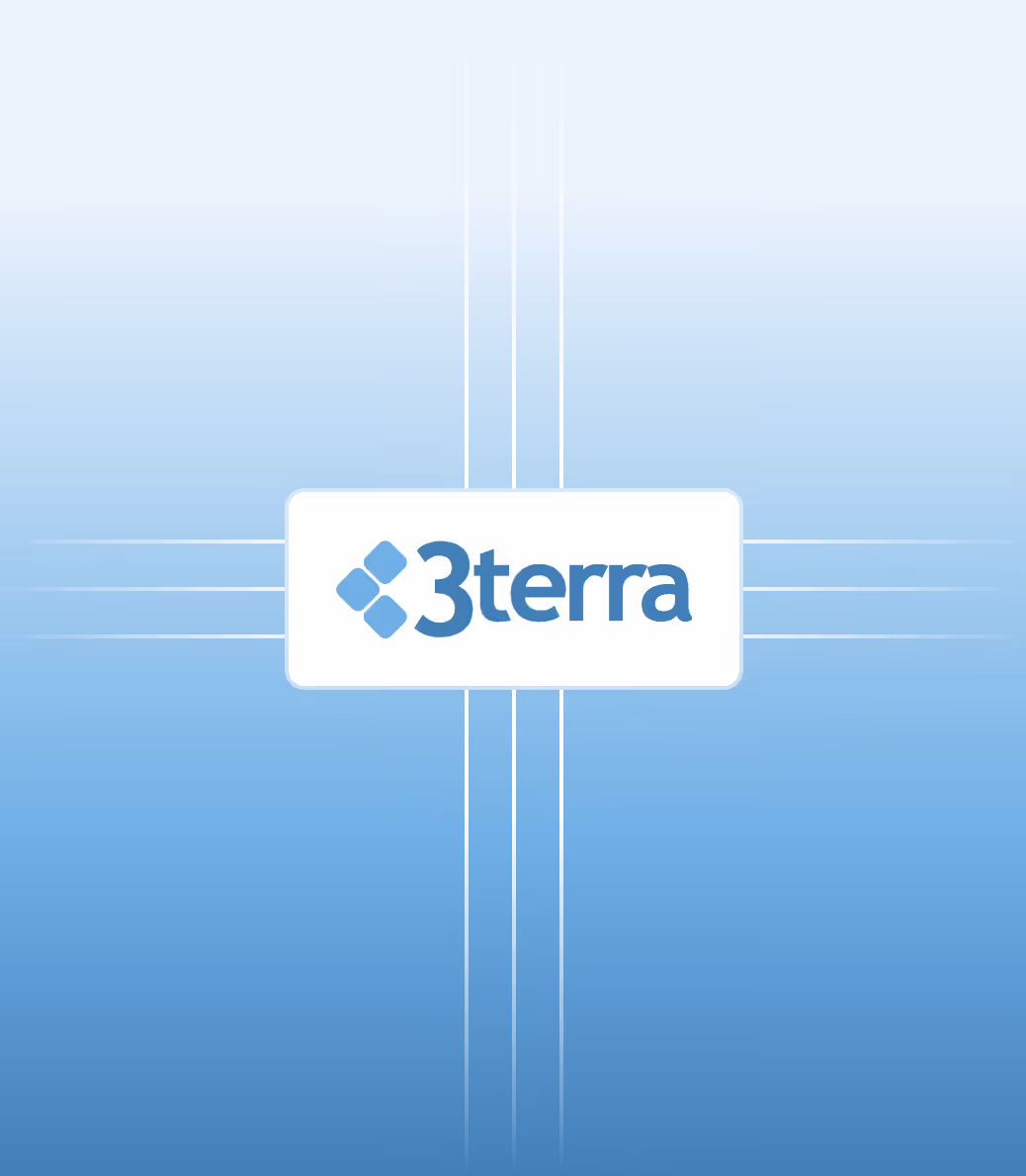 3terra logo with blue diamond shapes beside the text on a blue gradient background with vertical and horizontal lines.