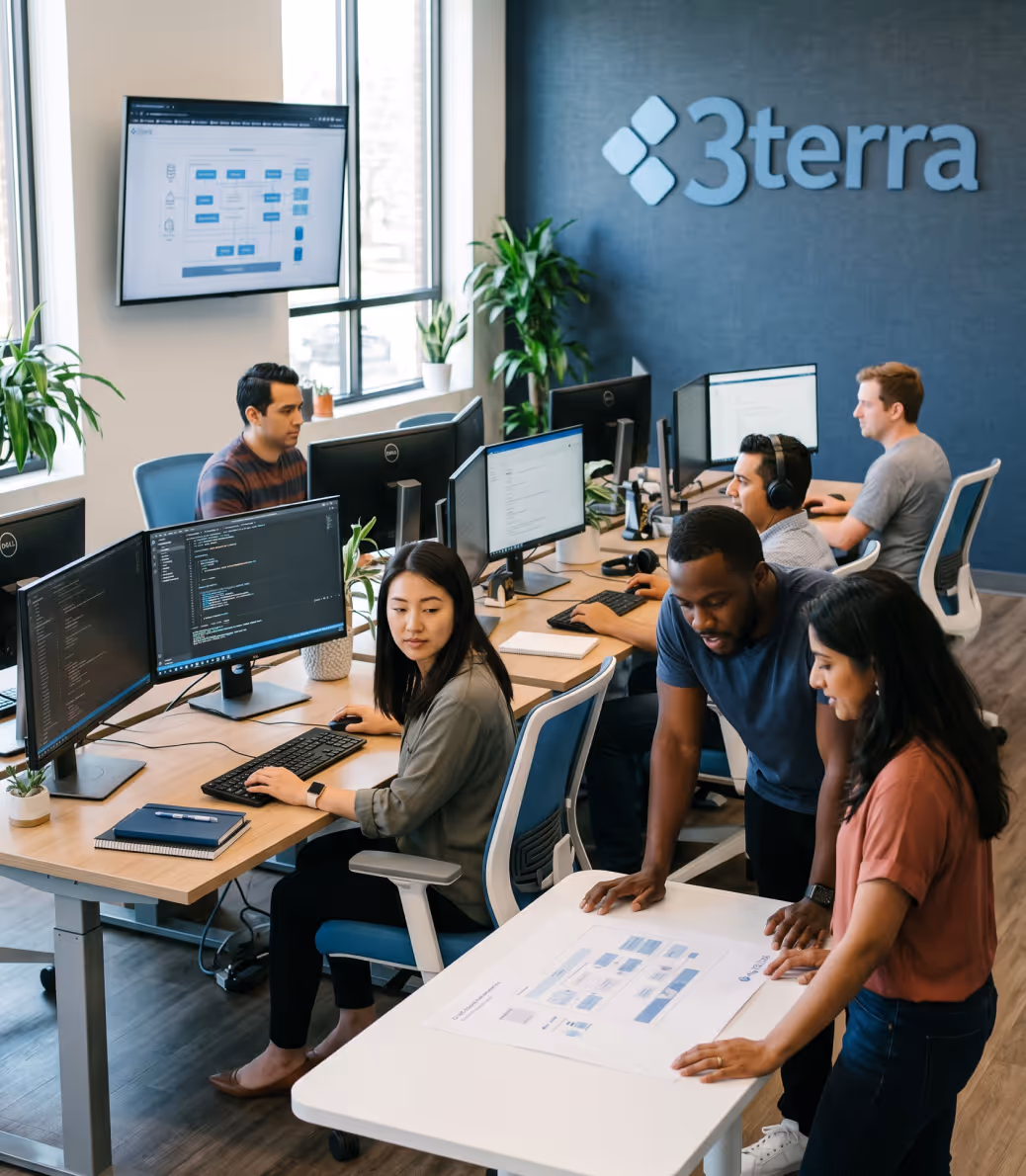 Five people working at desks with computers in a bright office with 3terra logo on the wall.