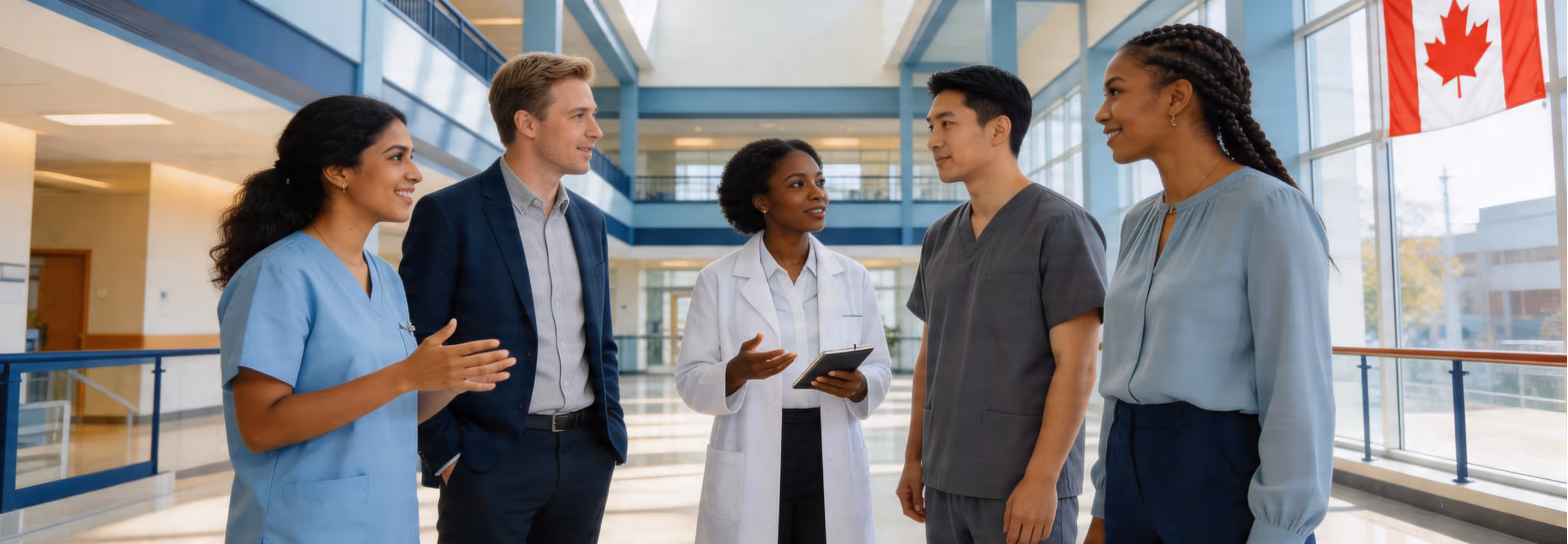 A diverse group of medical professionals and a man in business attire talking in a bright hospital hallway.