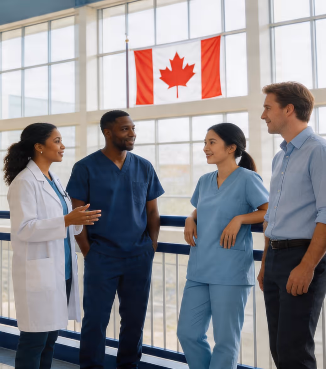 Diverse healthcare professionals and a man in casual wear talking under a Canadian flag in a bright hall.