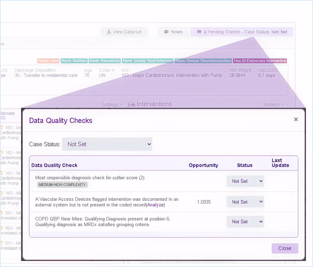 Popup window showing data quality checks with case status dropdown and opportunities listed.