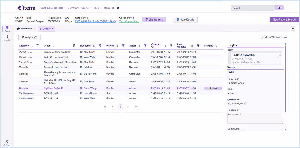3terra medical interface showing patient care and consult orders with status, dates, and requester details.