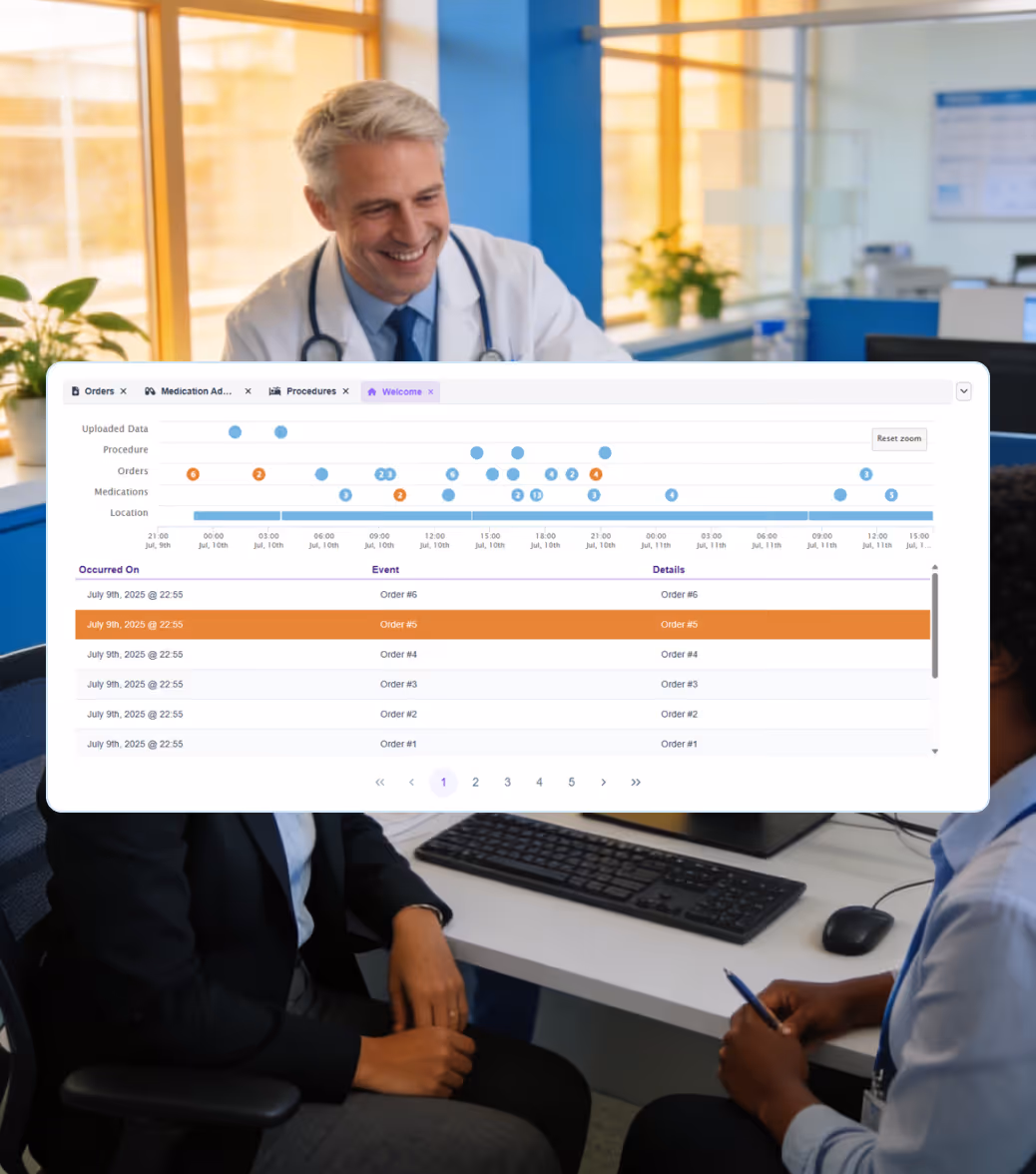 Smiling doctor with stethoscope consulting a patient and a medical data dashboard overlay.