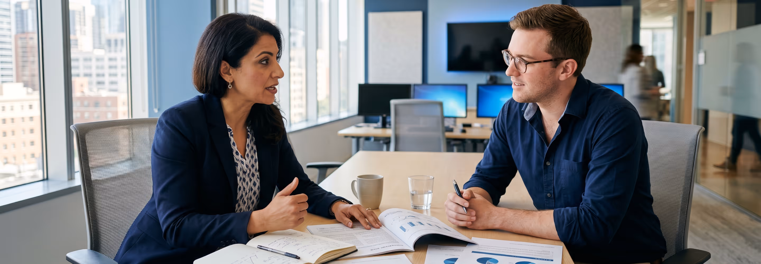 Two colleagues discussing business charts and notes at a conference table in a modern office.
