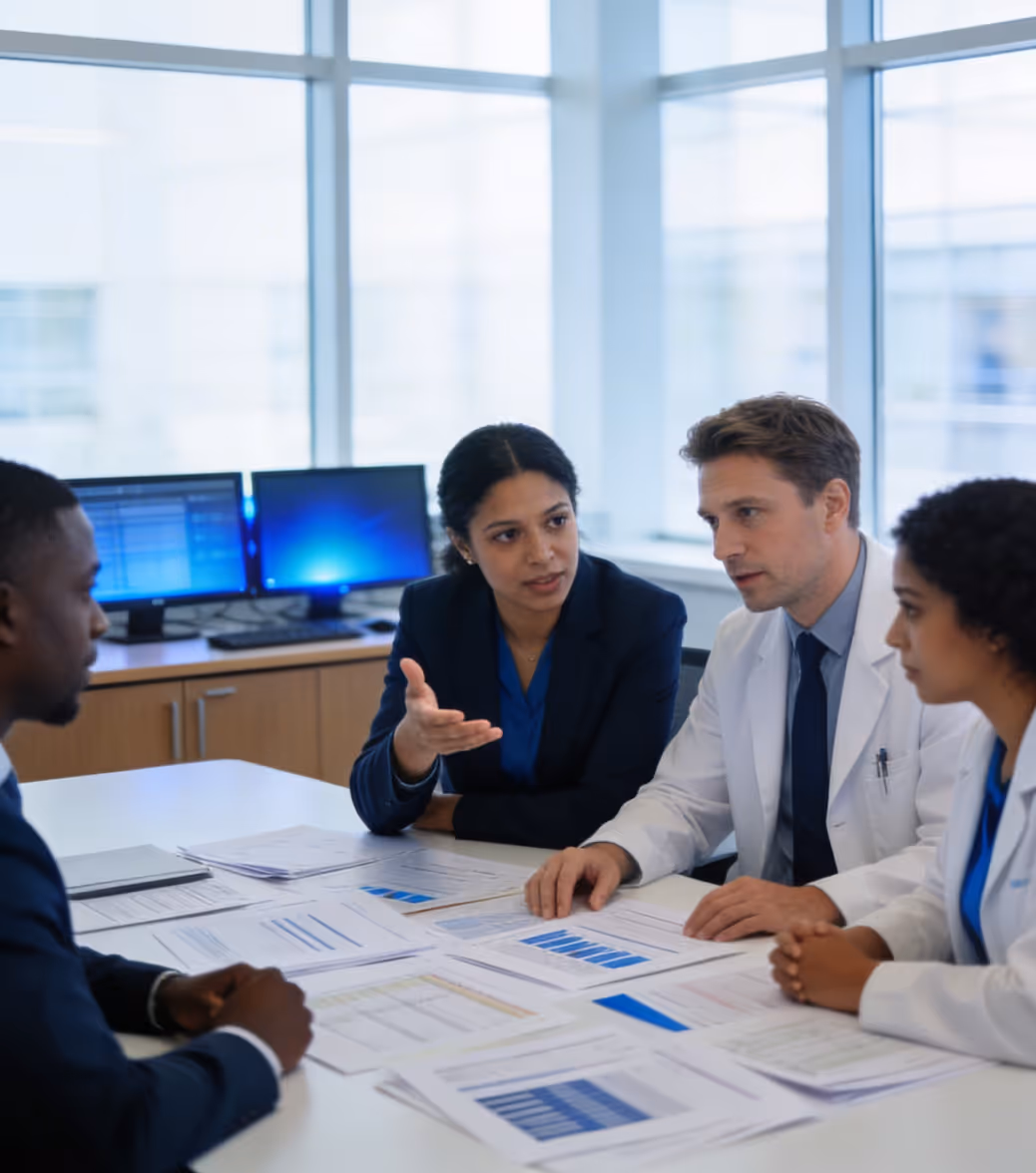 Four professionals, including two in white coats, discussing documents with charts in a meeting room.