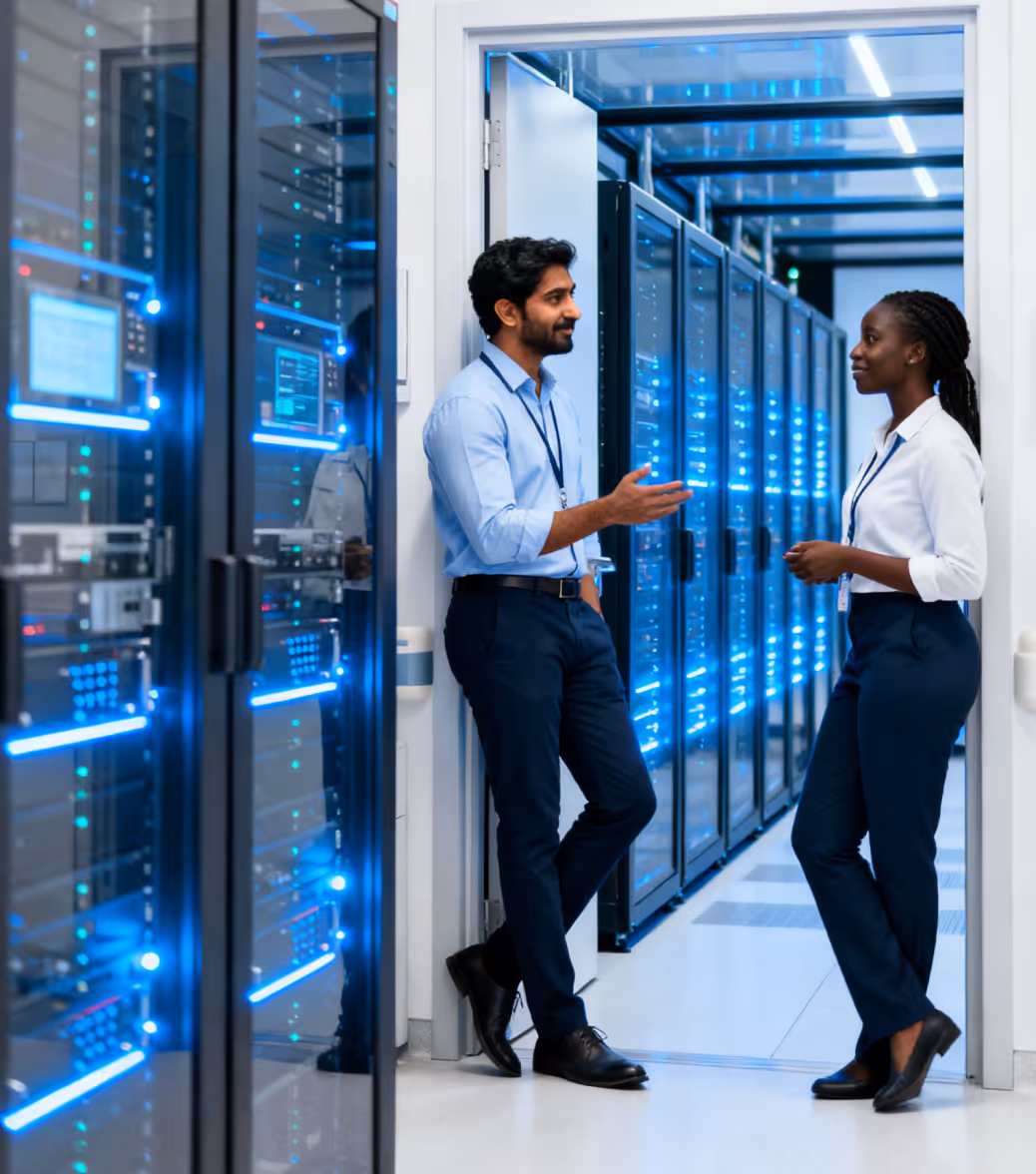 Two IT professionals discuss while standing near server racks with blue lights in a data center.