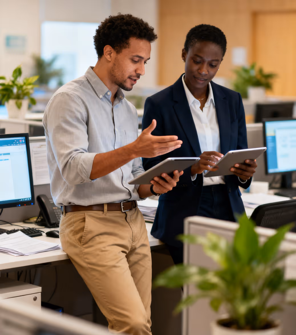 Two coworkers discussing work using tablet devices in an office environment with computers and plants.