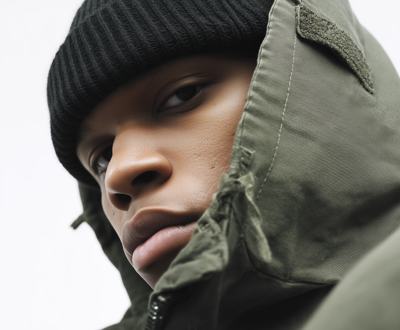 Close-up of a person wearing an olive green hooded jacket and a black knit beanie looking slightly downwards.