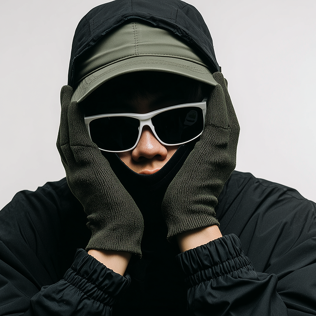 Person wearing a black hooded jacket, olive green cap, white sunglasses, and olive green gloves, covering their cheeks with hands.