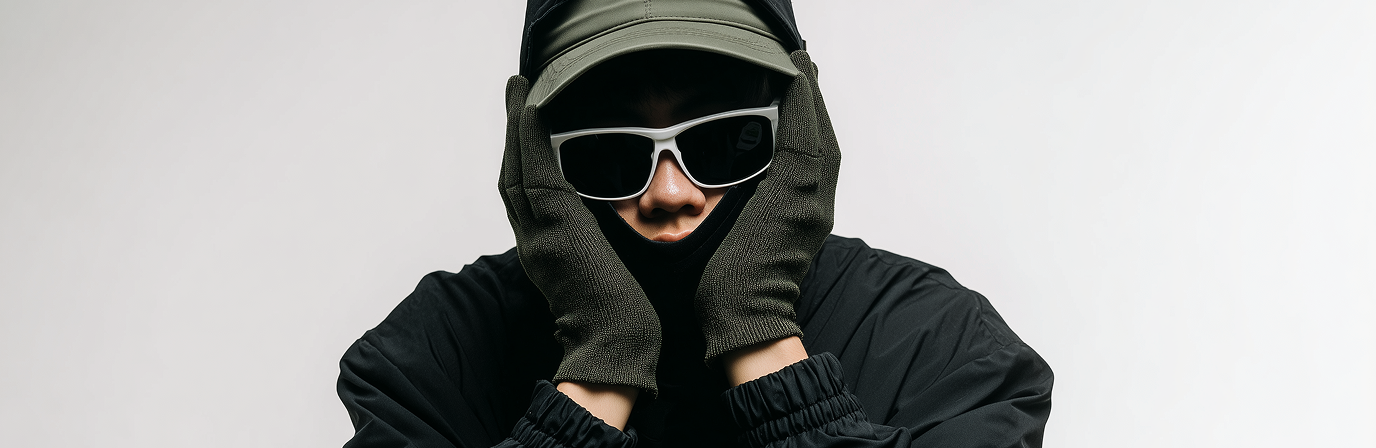 Person wearing dark gloves, white sunglasses, a cap, and a black jacket, with hands on their face against a white background.