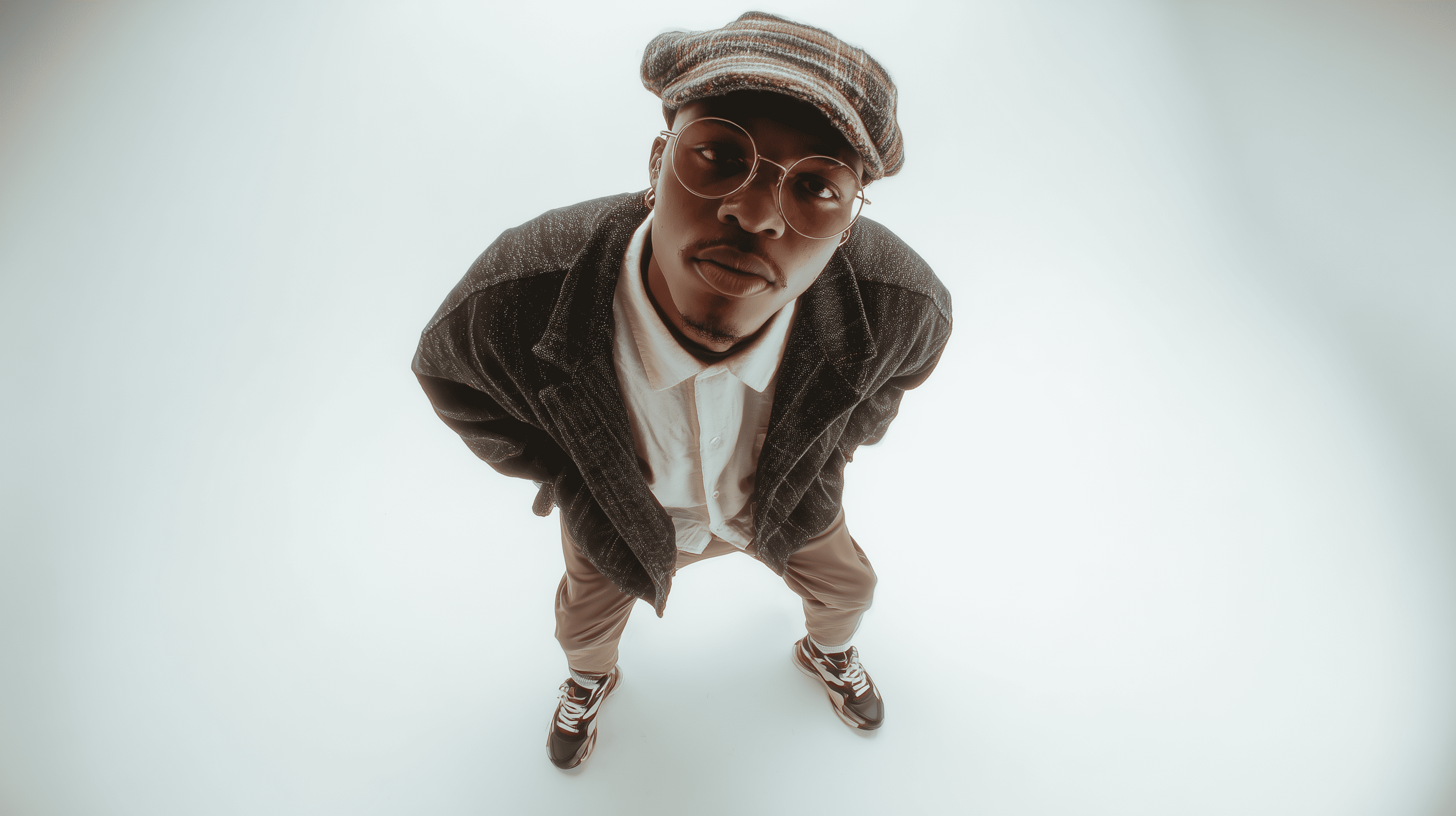 Young man in round glasses, plaid flat cap, dark jacket, white shirt, and sneakers looking up at the camera from a high angle.