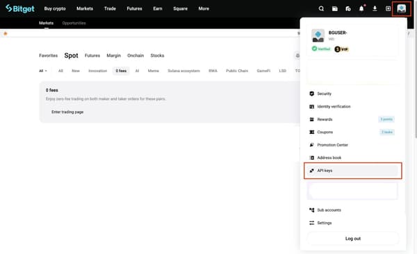  Visit the Bitget website and create an account or log in to your existing one. Click the profile icon in the upper-right corner and select API Key.