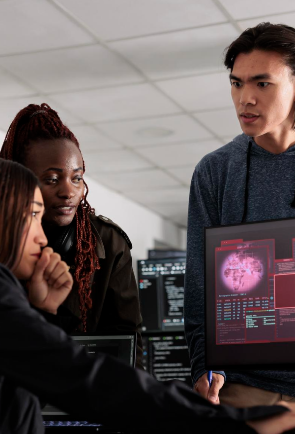 Person using a vacuum cleaner to clean office carpet near desks and chairs.